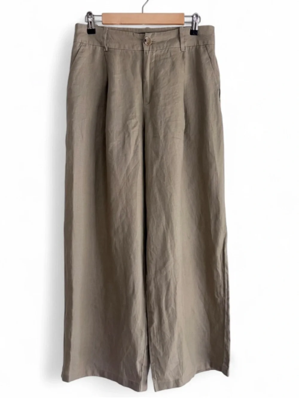 Zara 100% Linen Tan Wide Leg High Rise Pants Size M